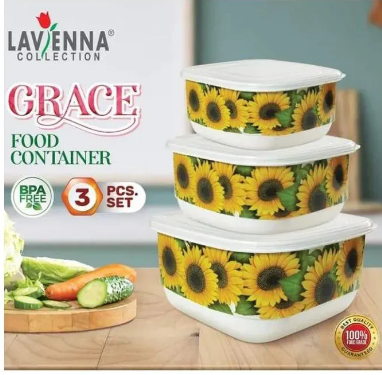 Pack of 3 Bowl Set With Lid Multi-Purpose Flower Design Storage Box