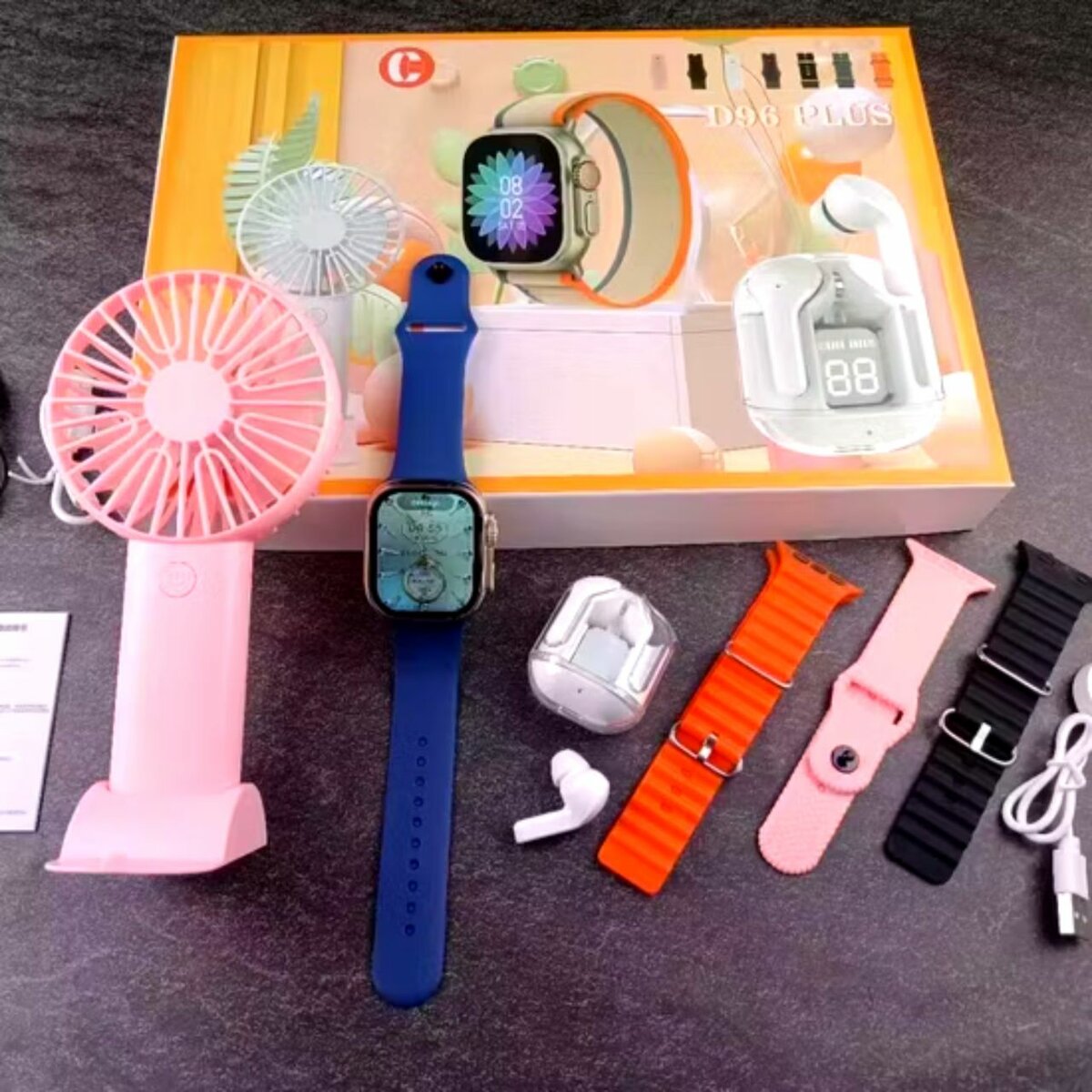 D96 Plus Ultra Smart Watch with Mini Fan & Earbud Combo-Pink
