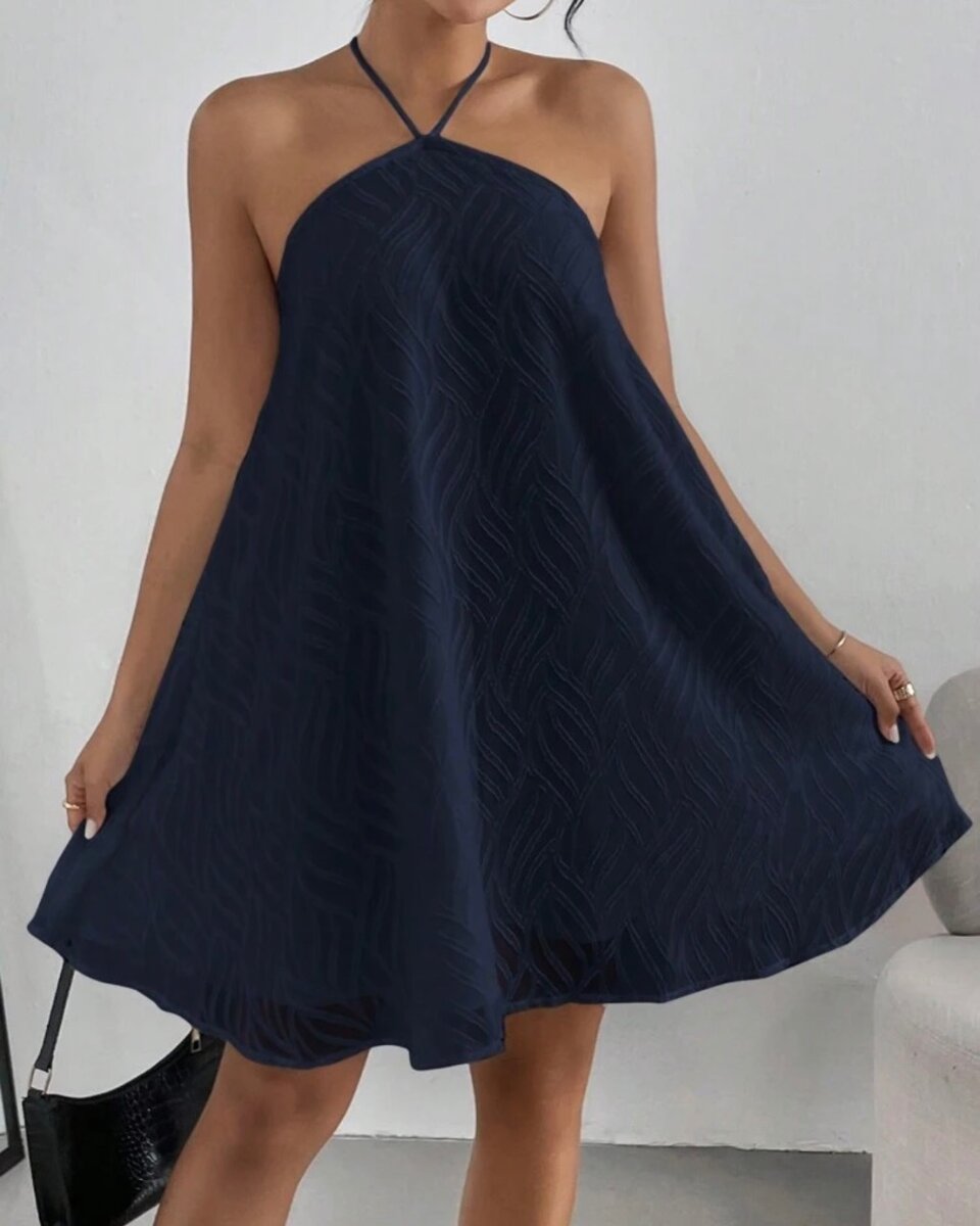 Halter Neck Backless Simple Dress. Color: Navy Blue