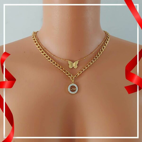 Collier Double Papillon et Amour