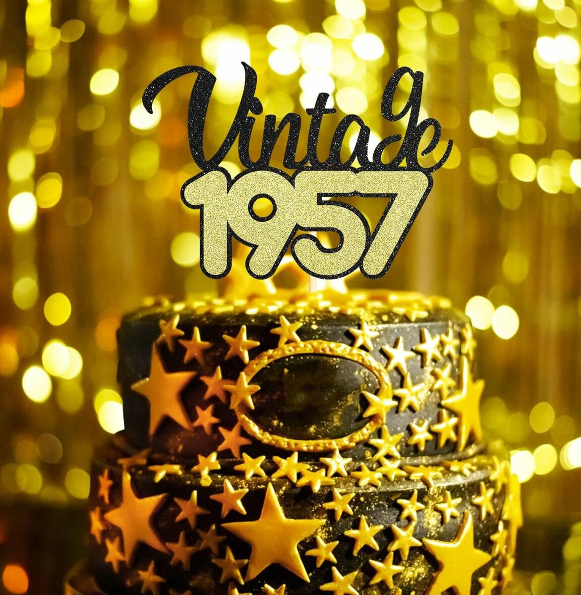 Sotpot 66th Cake Topper Double Layers Black Gold