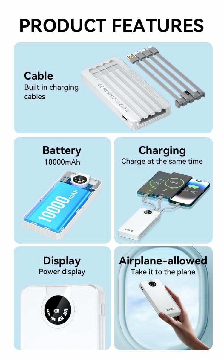 Power Bank 10000Mah avec 4 câbles