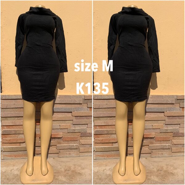 Black tight-fitting dress, high collar, size M