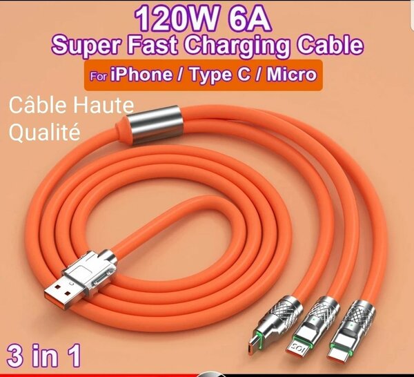 Câble Android iPhone Type-C Ultra 120w - 3 en 1