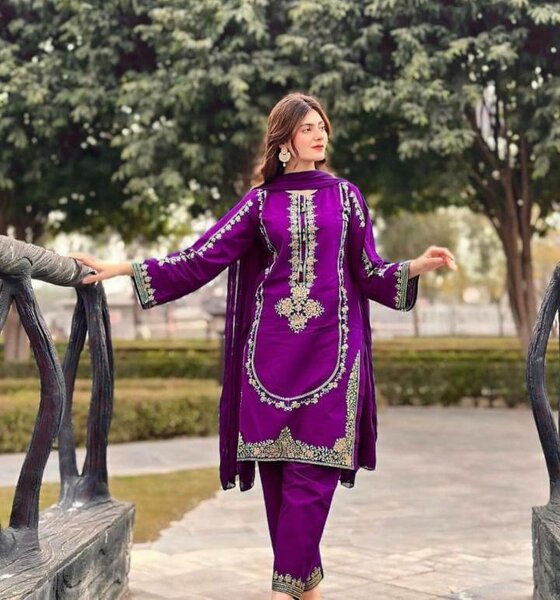 Ladies embroided 2pc suit in lilen fabric