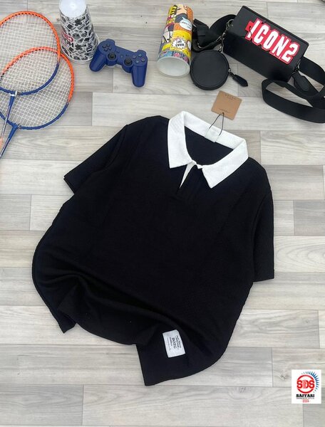 Polo noir col blanc homme