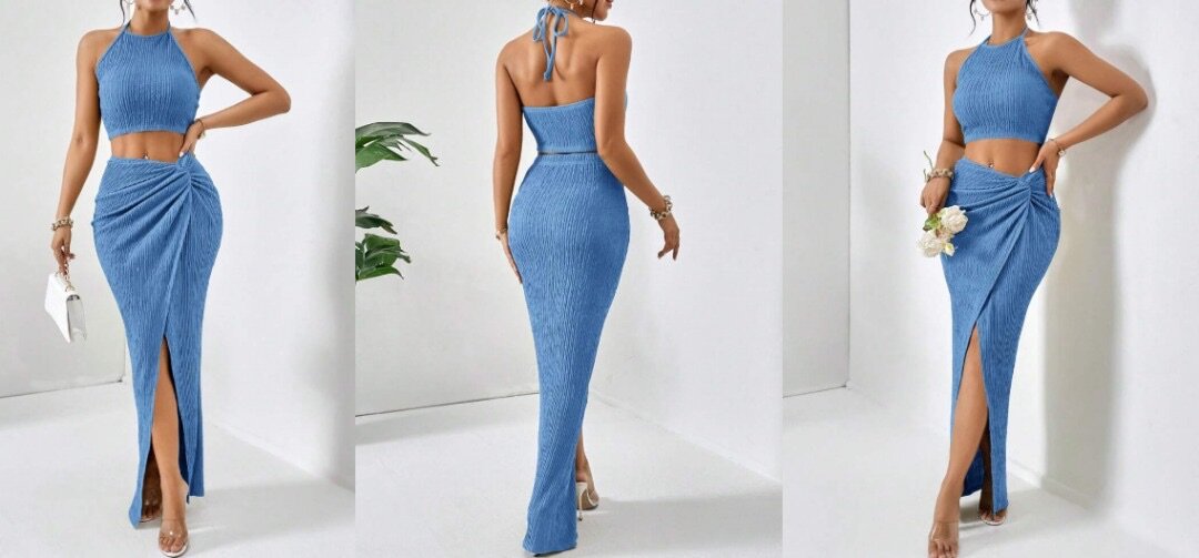 SHEIN Firerie Solid Crop Halter Top & Twist Front Split