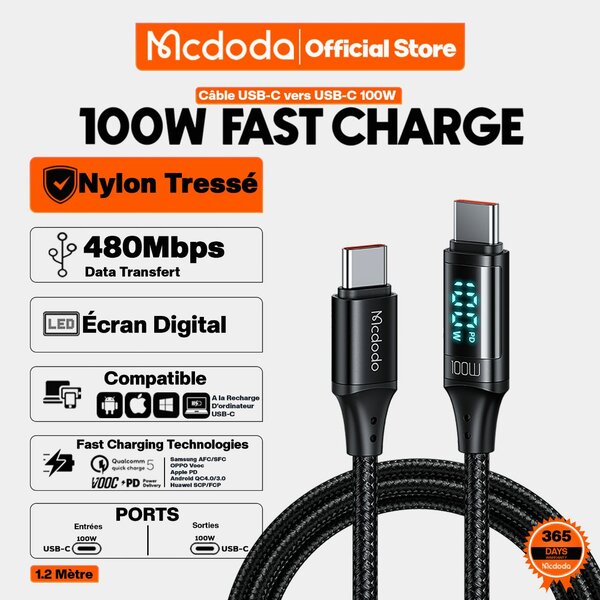 Mcdodo Câble 100W Type-C to Type-C Super Fast Charge