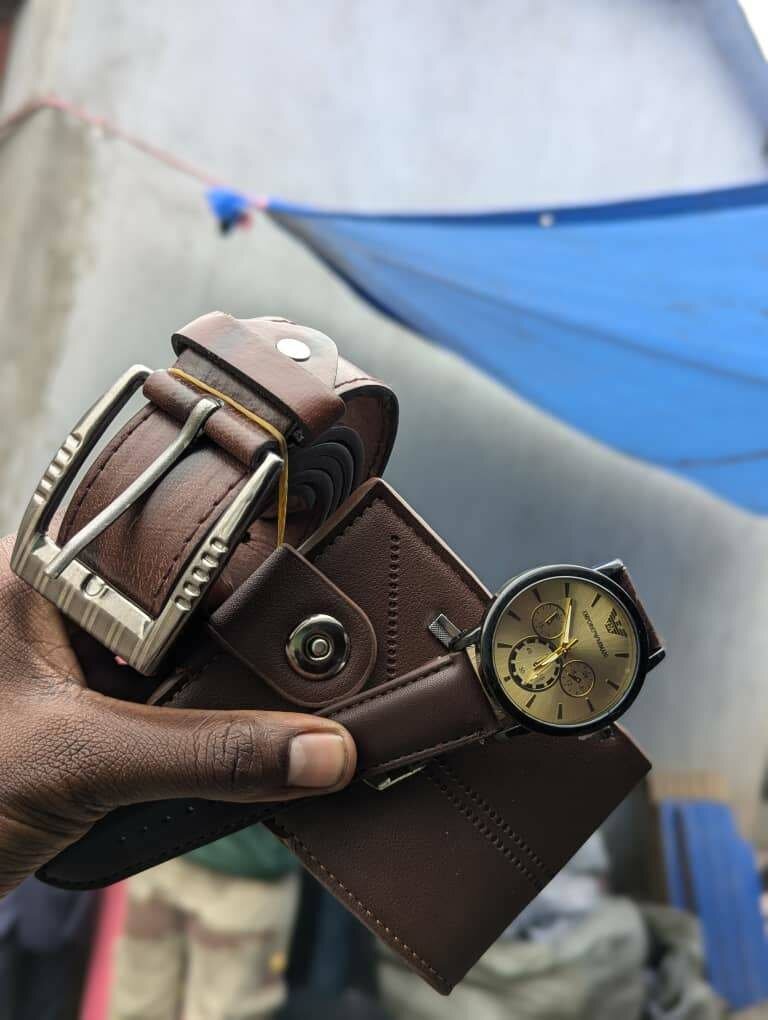 Combo of wallet, belt and watch