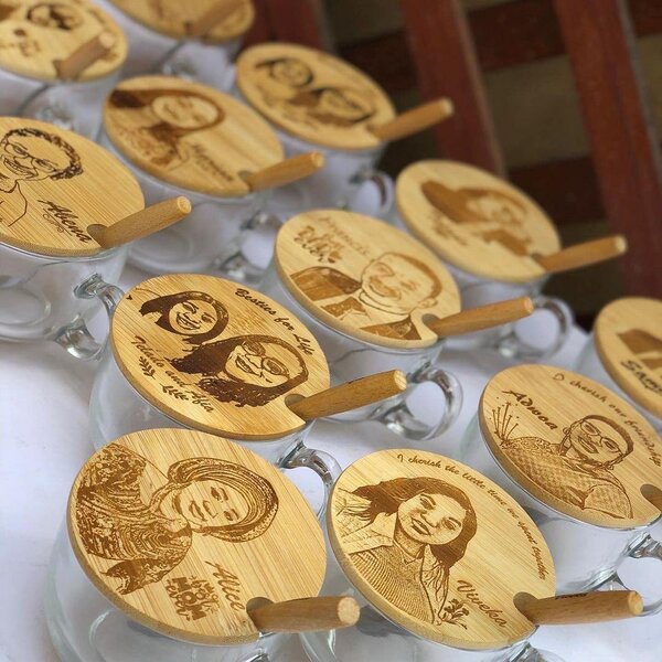 Glass mug with wooden lid and sooon