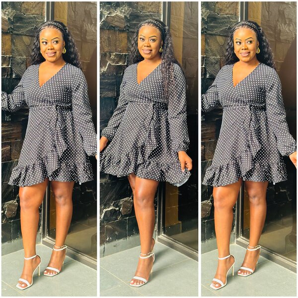 Wrap dress, scalloped edge, black with white polka dots, size s-2xl