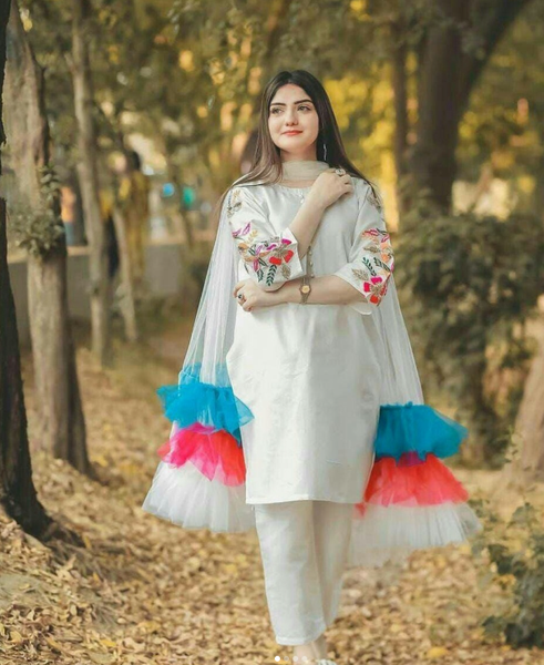 3 Pcs Women's Stitched Fancy Katan Silk Plain Suit