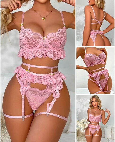 Ensemble lingerie dentelle rose sexy