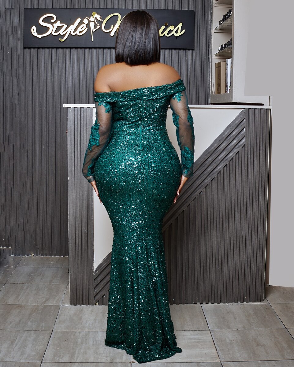 Women's Evening Form-fitting Off-the-Shoulder Dress, green with sequins