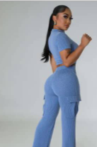 Pantalon de costume en maille avec poches et haut court à col bleu