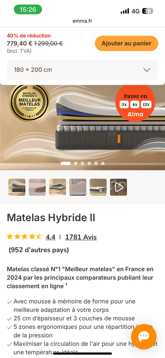 Matelas Hybride 180x200 cm