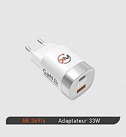 Adaptateur PD 33W AK-36914 deux ports (Type C et USB-A)