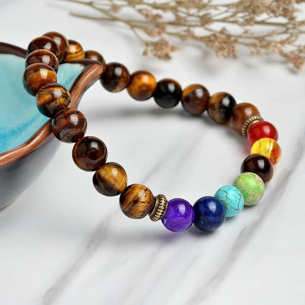 Bracelets 7 chakras dominé par l'oeil de tigre