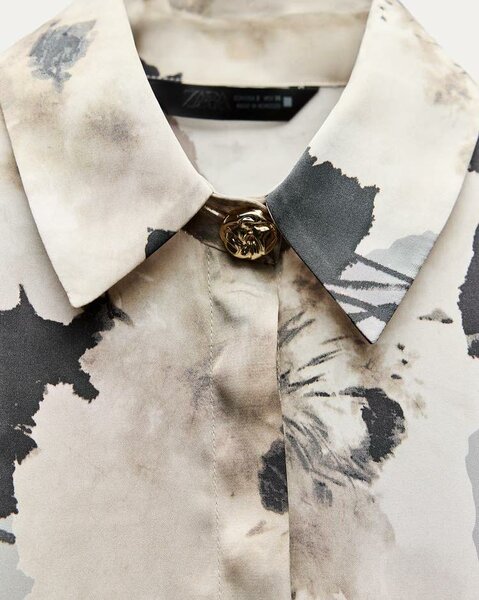 Zara Satin Printed Shirt in Grey & Tan 