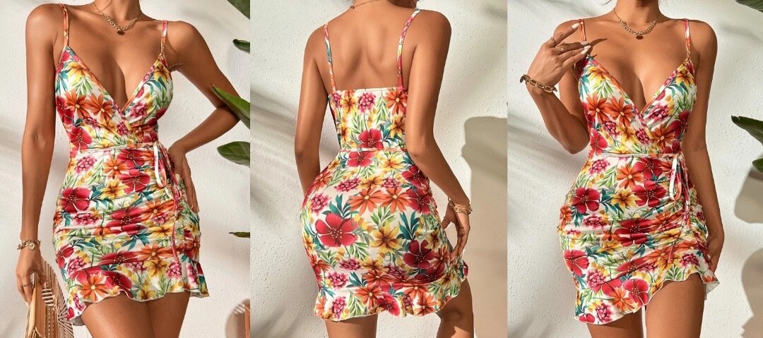 SHEIN  Floral Print Ruffle Hem Belted Cami Bodycon Dress