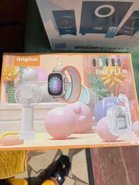 AirPods +hand fan +smart watch