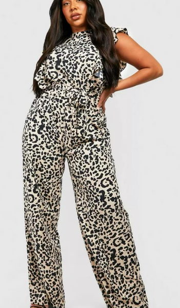 PLUS LEOPARD RUFFLE WIDE LEG JUMPSUIT