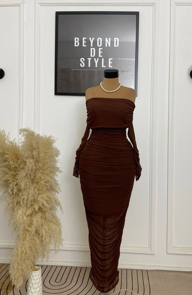 LOVER GIRL CHOCOLATE RUCHED MESH MIDI DRESS. 
