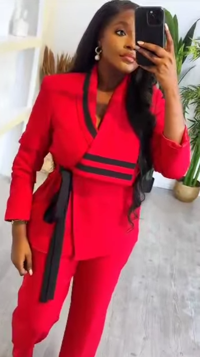 Women's red suit with black inserts