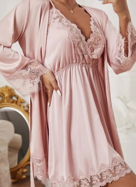 Satin embroidered two piece lingerie