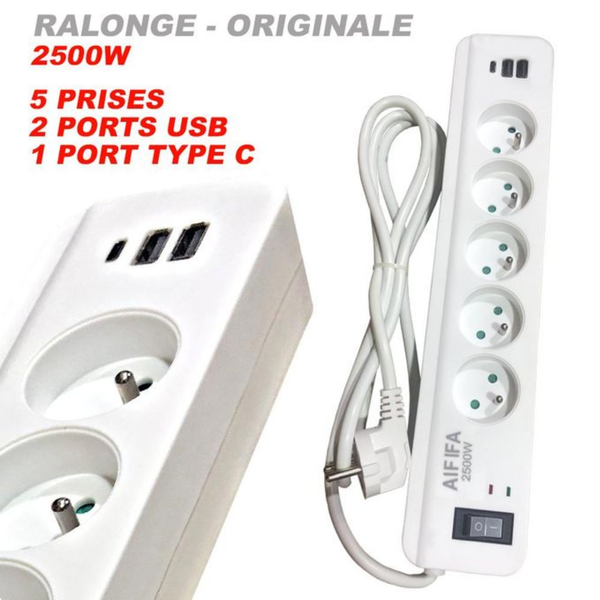 Multiprises Ralonge électrique - 5 Prises - 2 Ports USB Et 1 Port Type C