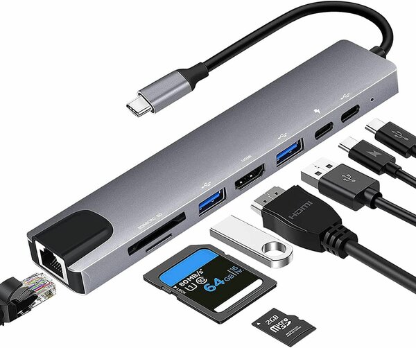 Hub USB-C 8-en-1, HDMI, RJ45, USB, SD