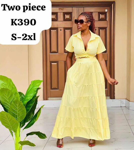 Women's set, yellow short-sleeved shirt and long skirt S-2xl