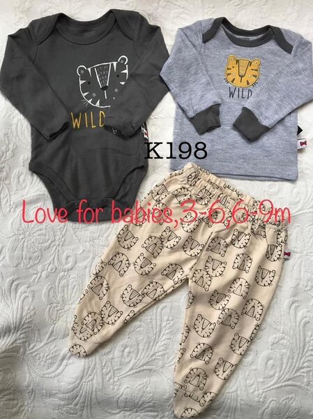 Set of bodysuit, sweater + rompers, 3-6, 6-9m
