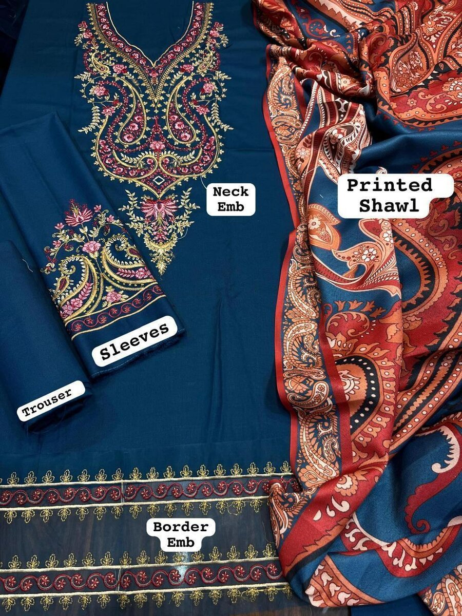 3Pcs Woman Unstitched Embroidered Suit