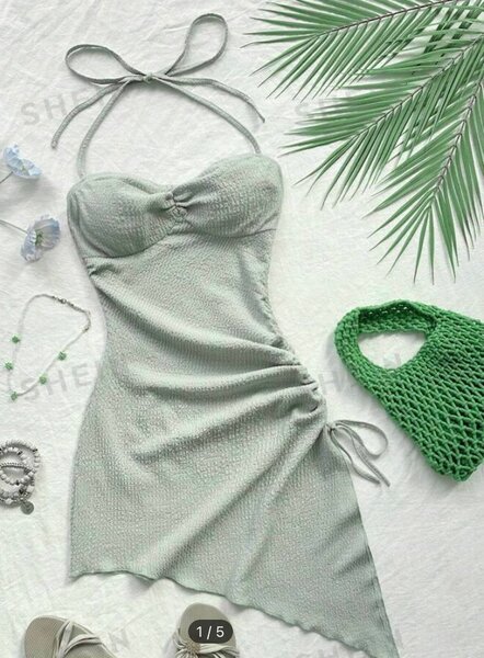 Halter Neck Drawstring Texture Asymmetrical Hem Dress