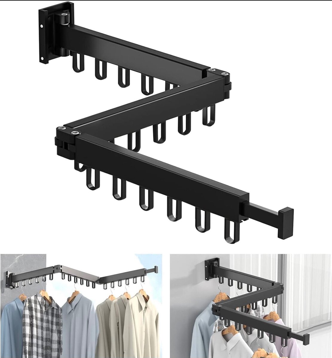 Étendoir à linge mural rétractable avec crochets, solide,