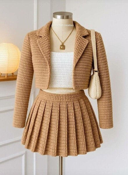Ensemble jupe et veste en tricot beige