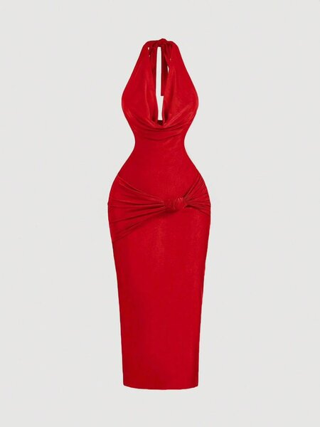 Red Bodycon Halter Neck Dress