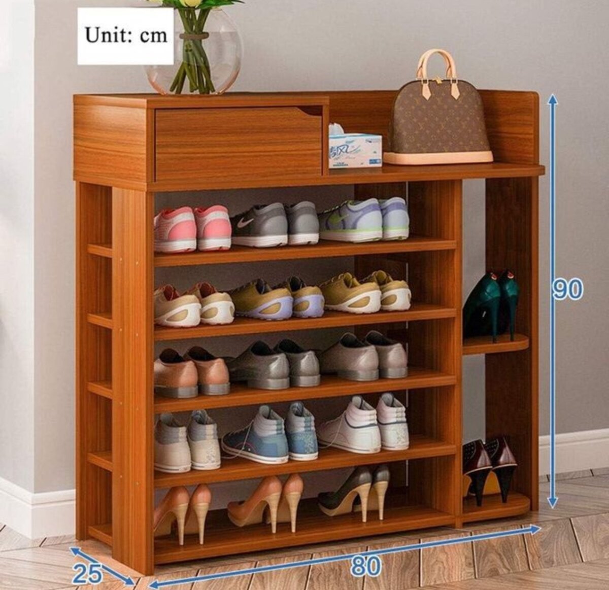 Wooden Shoe Rack With Mini Top Drawer - Brown