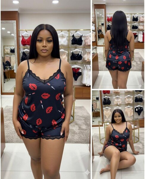 Pyjama court à motifs lèvres