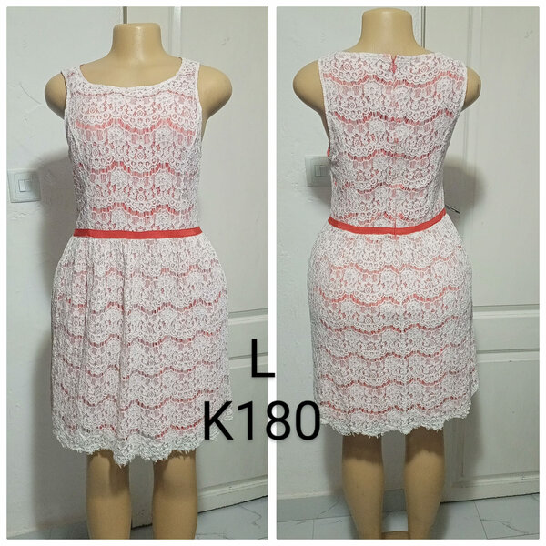 Women's short openwork white dress with a red belt, size L