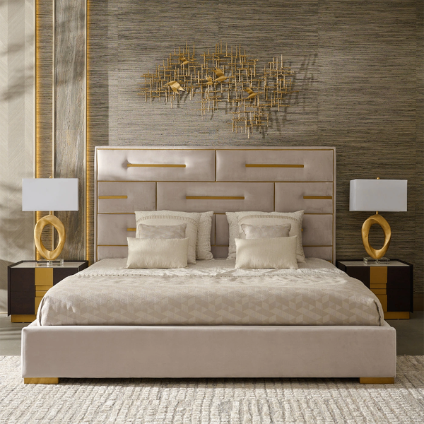 Lit design moderne en cuir beige pour chambre