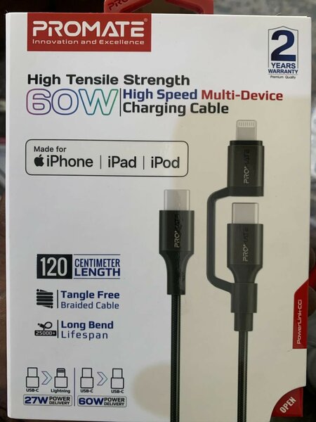 Promate 2-in-1 MFi USB-C to USB-C and Lightning cable