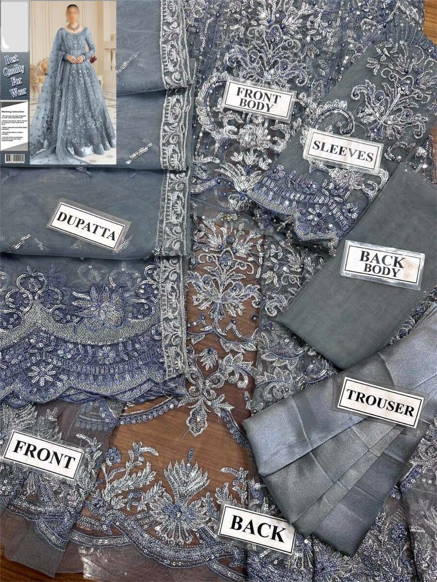 Net frok and satin silk trouser unsatich 3 pc