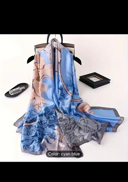 Silk Scarf Blue Floral Print Luxury Shawl