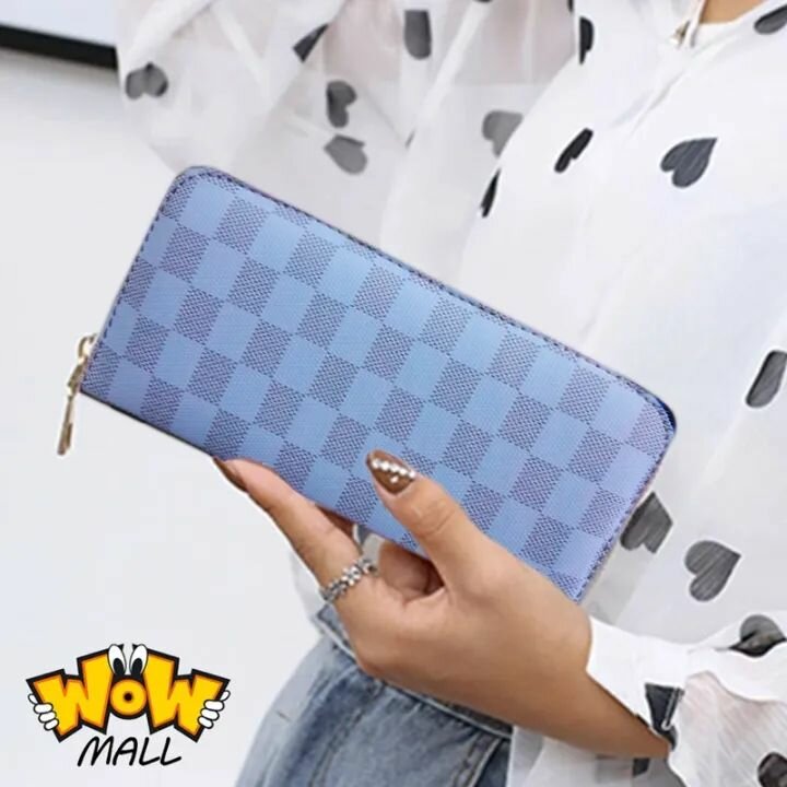 Women's Long Zipper Wallet with Checkered Pattern  Stylish