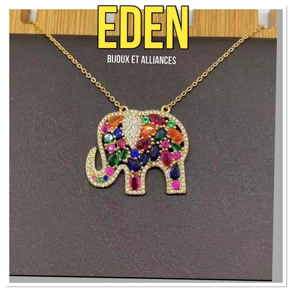 Chaîne avec pendentif éléphant, avec pierres, plaqué or 