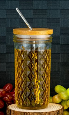 Diamond Mason Jar Bamboo Lid Plain Glass Tumbler with Stainless Steel Straw