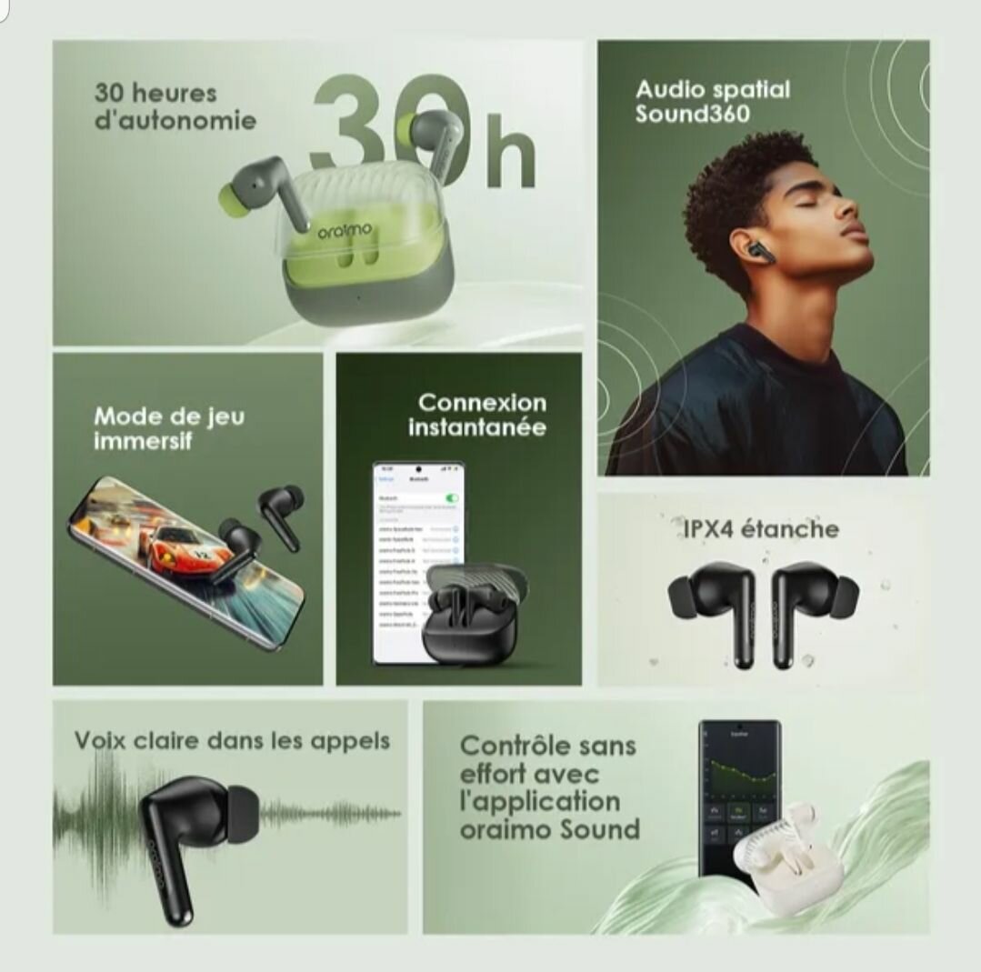 oraimo Écouteur Bluetooth SpaceBuds Neo Noir - Véritables éc