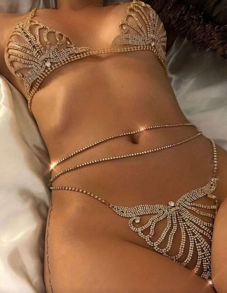 Ensemble de sous-vêtements en rhinestones dorés